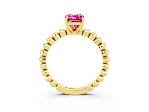 Yellow gold Emerald Cut Pink Sapphire Solitaire Ring with Beaded Band and Prong Setting_3
