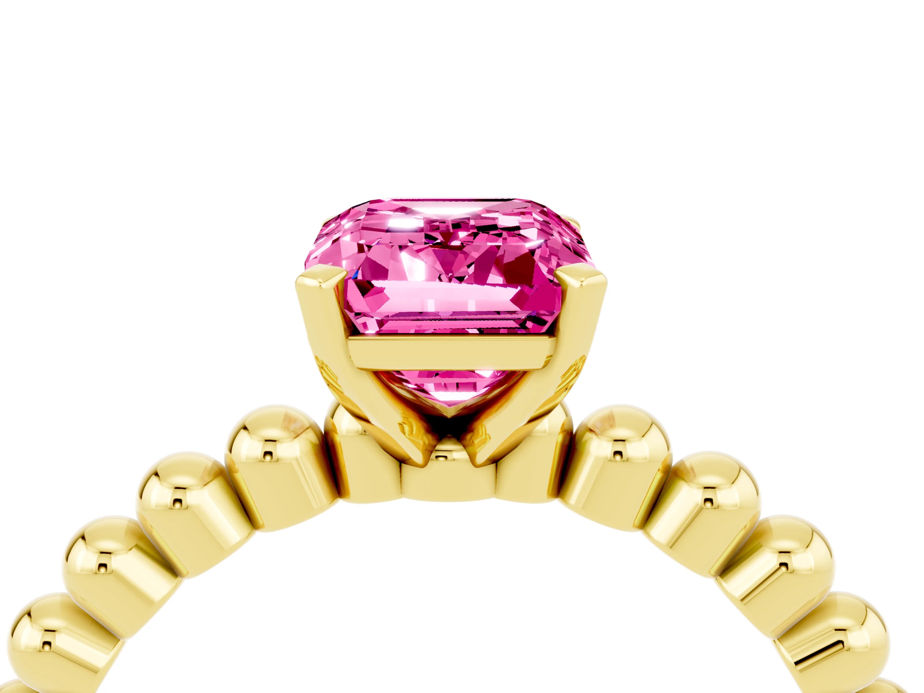 Yellow gold Emerald Cut Pink Sapphire Solitaire Ring with Beaded Band and Prong Setting_4