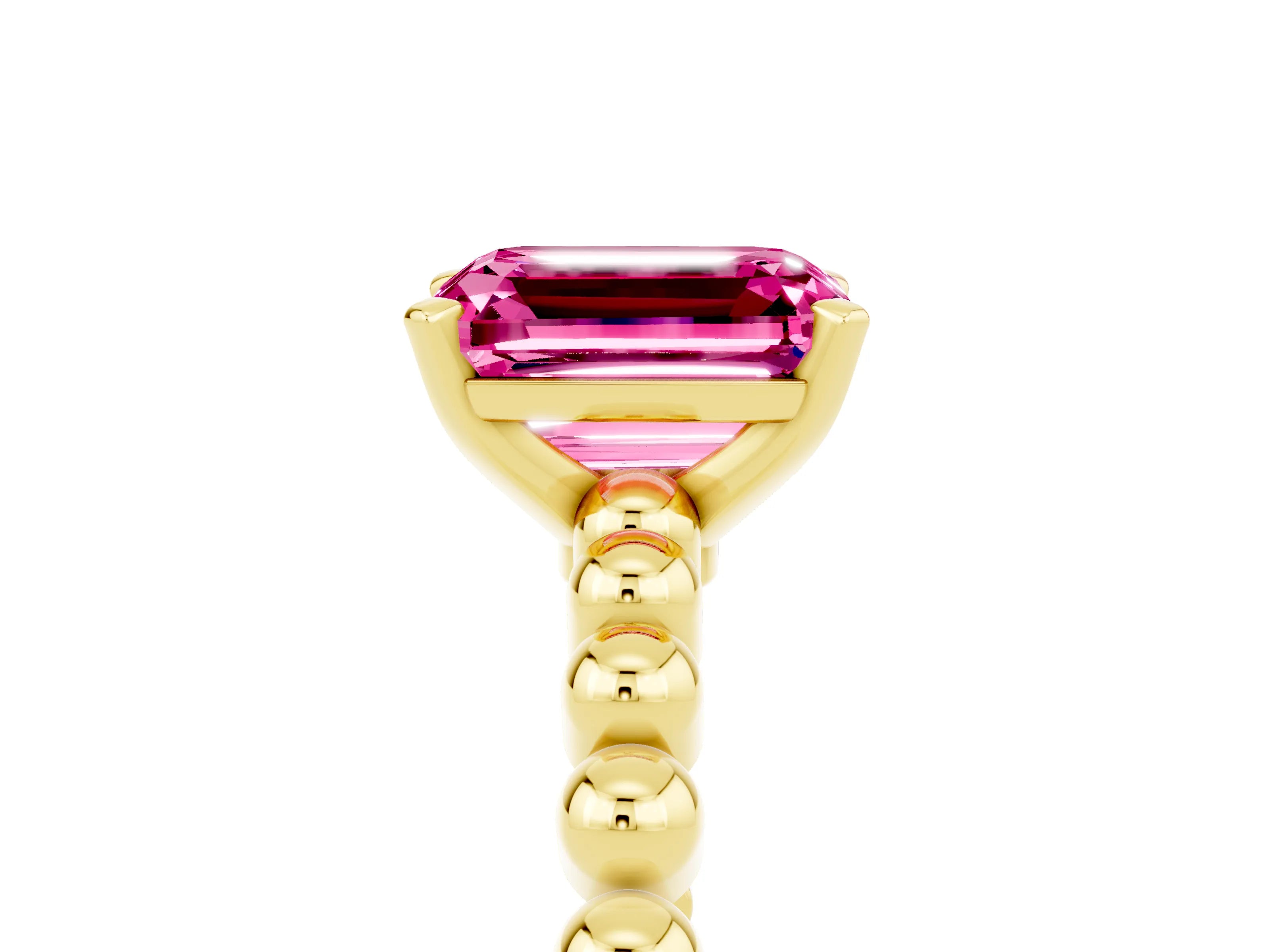 Yellow gold Emerald Cut Pink Sapphire Solitaire Ring with Beaded Band and Prong Setting_5