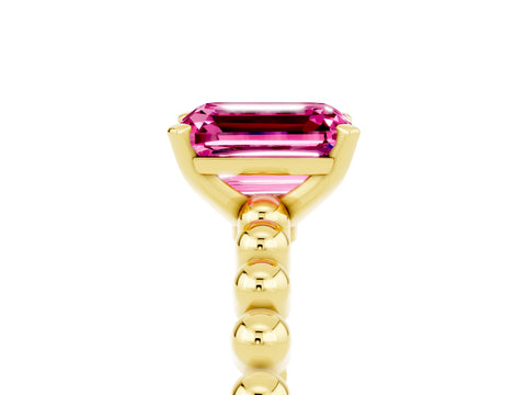 Yellow gold Emerald Cut Pink Sapphire Solitaire Ring with Beaded Band and Prong Setting_5