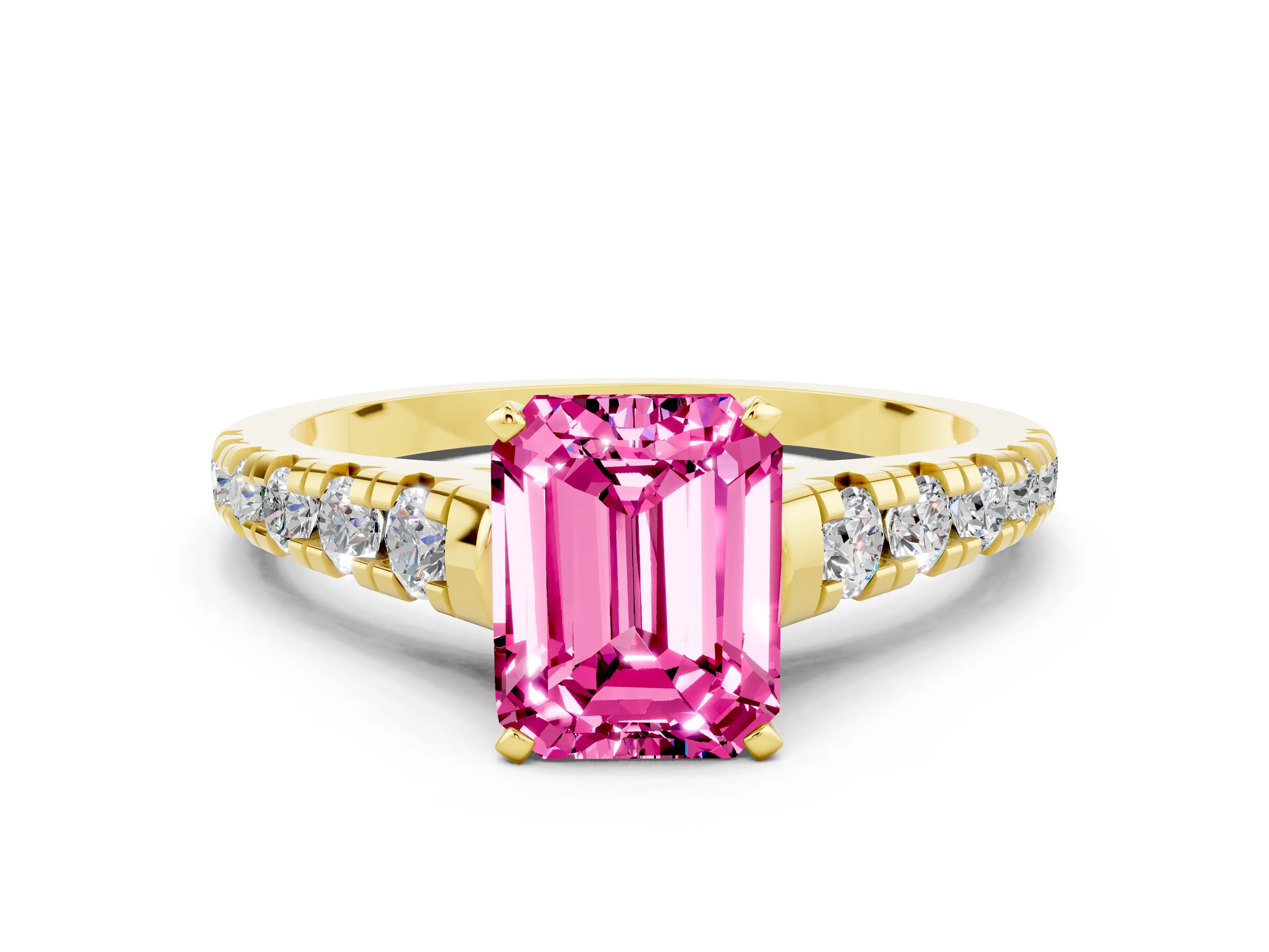 Yellow gold Emerald Cut Pink Sapphire Solitaire Ring with Cathedral Setting and Pavé Band_24