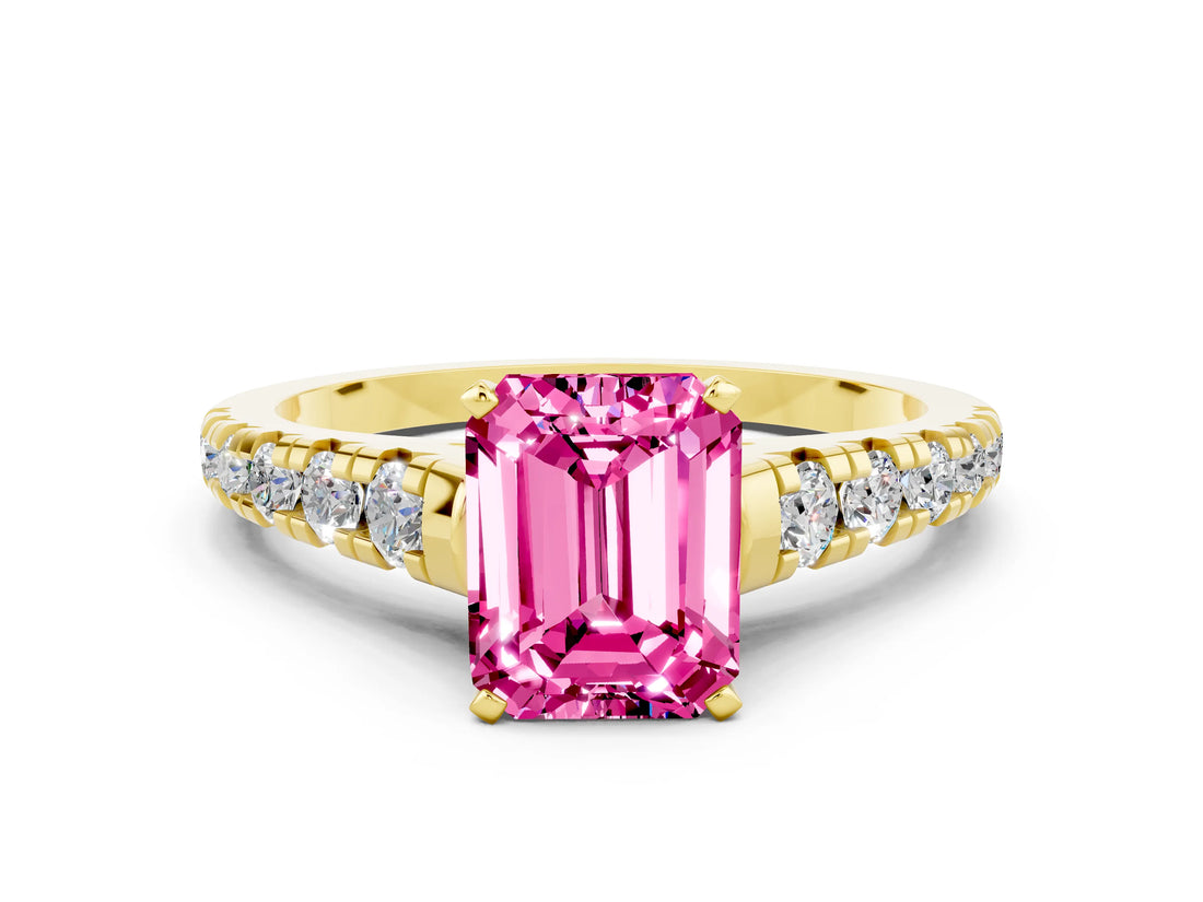 Yellow gold Emerald Cut Pink Sapphire Solitaire Ring with Cathedral Setting and Pavé Band_24