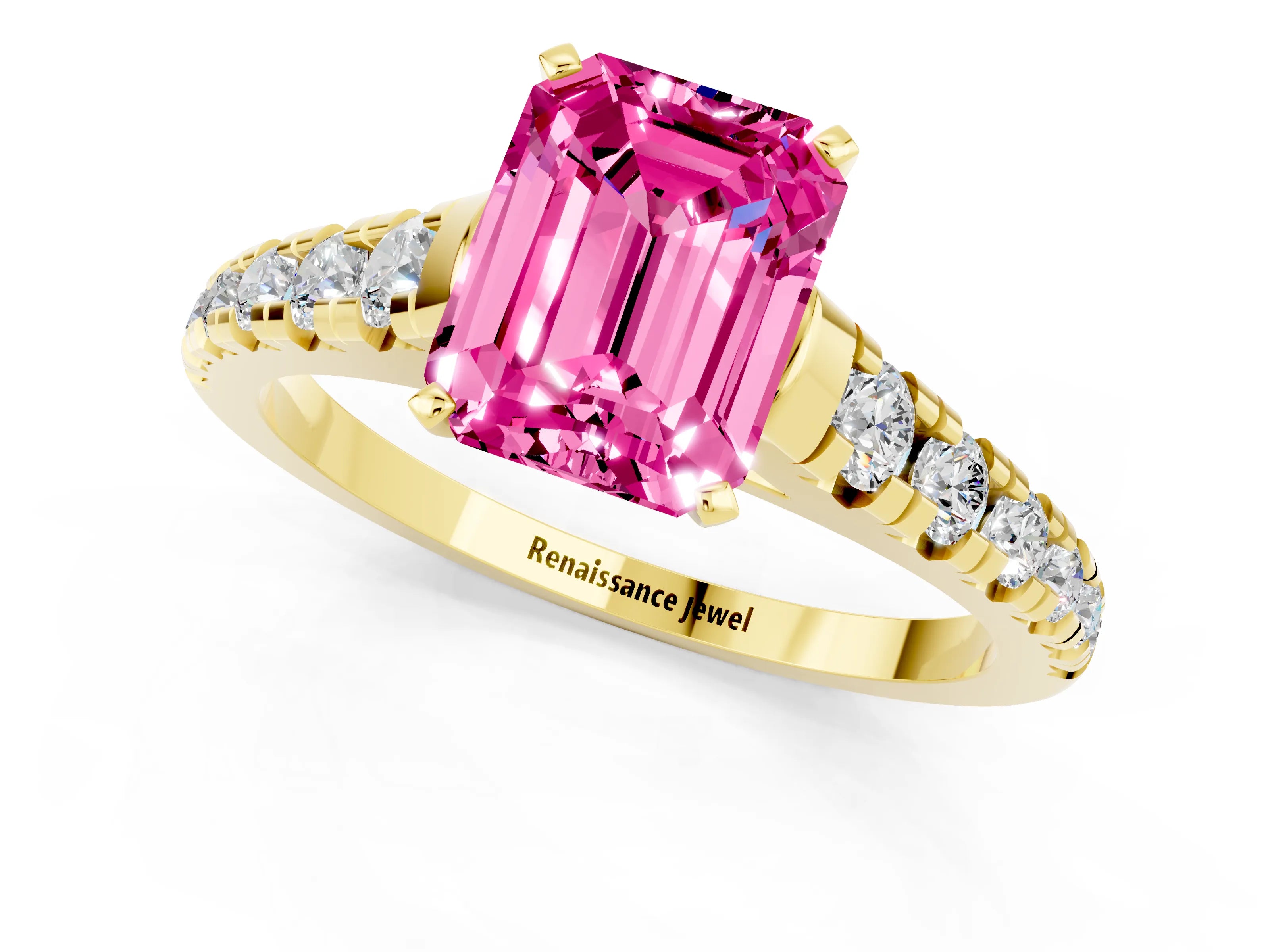 Yellow gold Emerald Cut Pink Sapphire Solitaire Ring with Cathedral Setting and Pavé Band_25