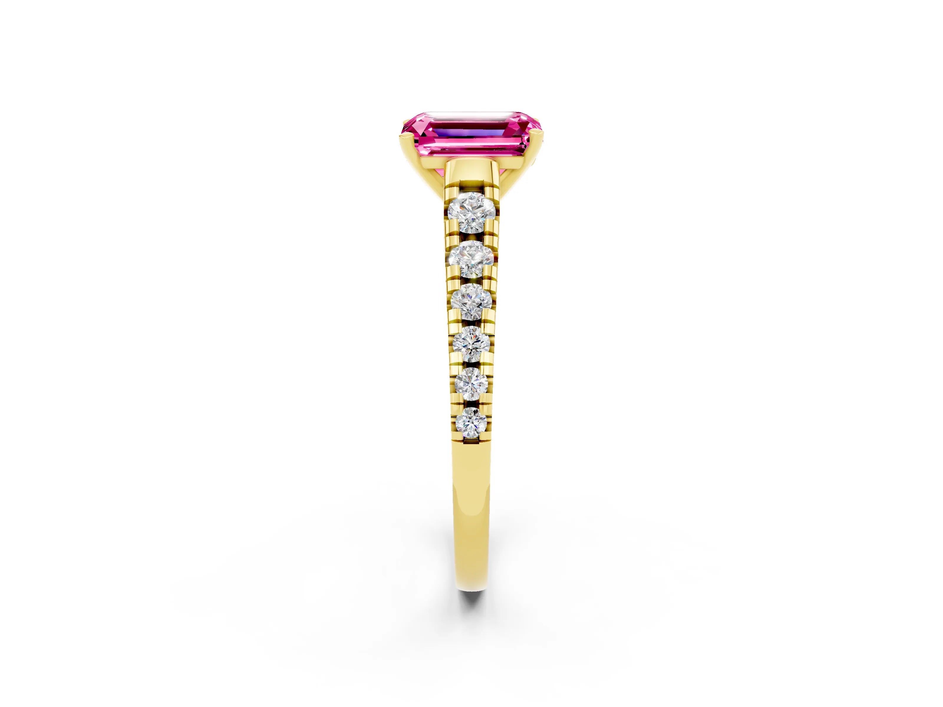 Yellow gold Emerald Cut Pink Sapphire Solitaire Ring with Cathedral Setting and Pavé Band_26