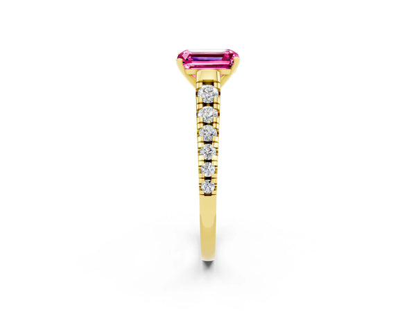 Yellow gold Emerald Cut Pink Sapphire Cathedral Solitaire Ring with Round  Pavé Band