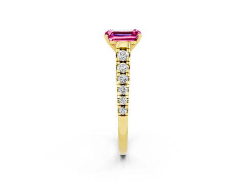 Yellow gold Emerald Cut Pink Sapphire Solitaire Ring with Cathedral Setting and Pavé Band_26