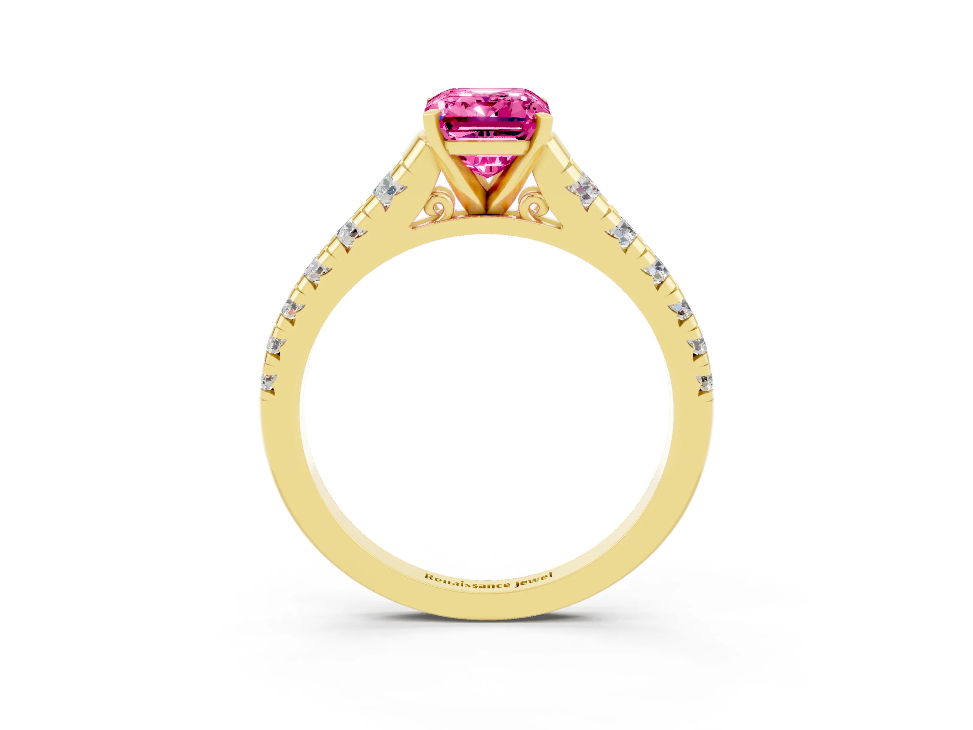 Yellow gold Emerald Cut Pink Sapphire Solitaire Ring with Cathedral Setting and Pavé Band_27