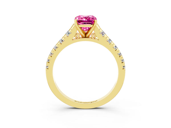 Yellow gold Emerald Cut Pink Sapphire Cathedral Solitaire Ring with Round  Pavé Band