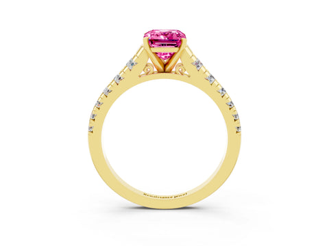 Yellow gold Emerald Cut Pink Sapphire Solitaire Ring with Cathedral Setting and Pavé Band_27