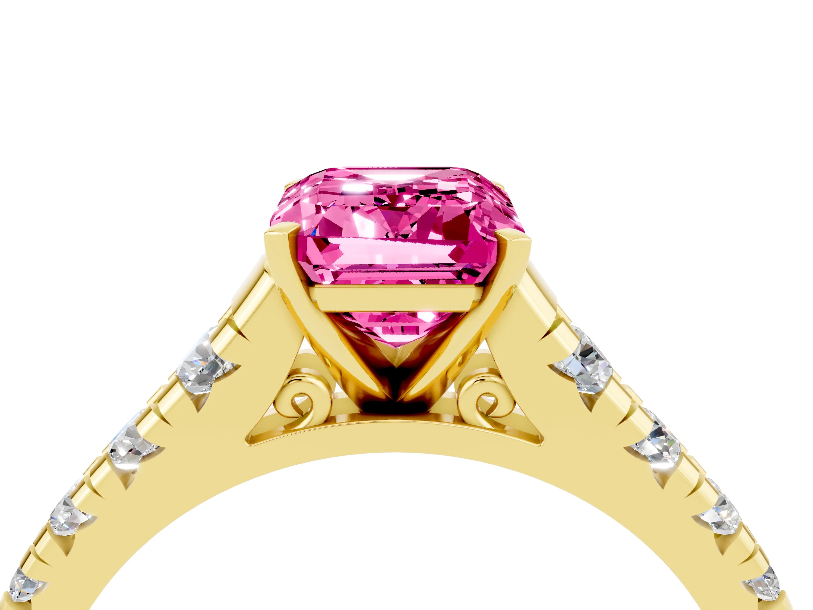 Yellow gold Emerald Cut Pink Sapphire Solitaire Ring with Cathedral Setting and Pavé Band_28