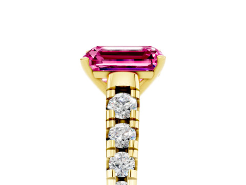 Yellow gold Emerald Cut Pink Sapphire Solitaire Ring with Cathedral Setting and Pavé Band_29