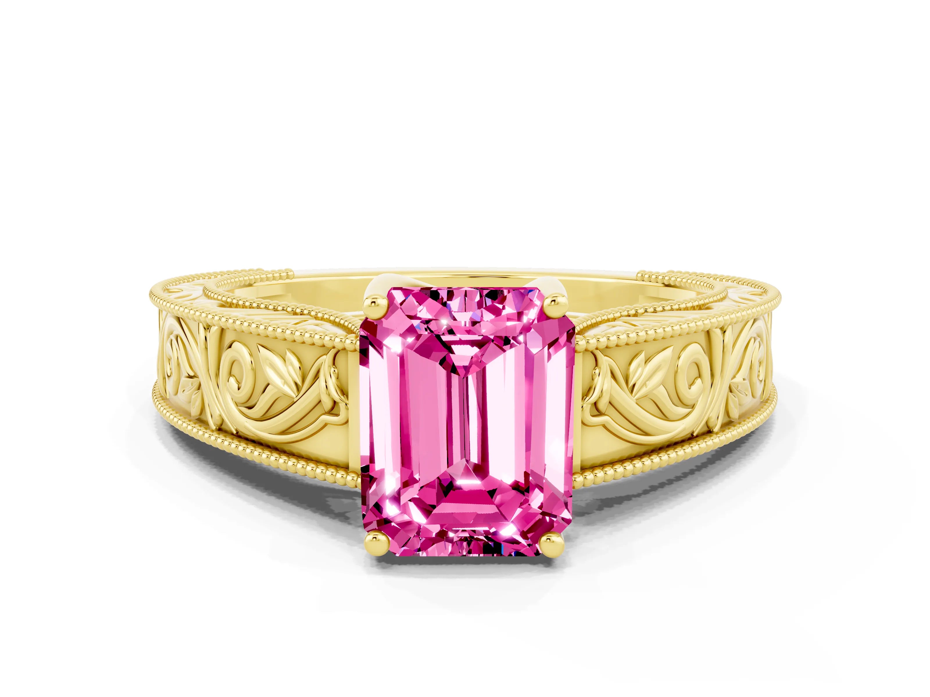 Yellow gold Emerald Cut Pink Sapphire Solitaire Ring with Engraved Band and Four-Prong Setting