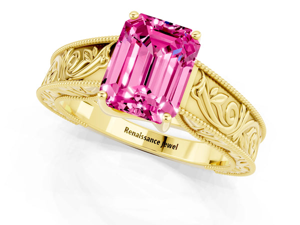 Yellow gold Emerald Cut Pink Sapphire Solitaire Ring with Engraved Band and Four-Prong Setting