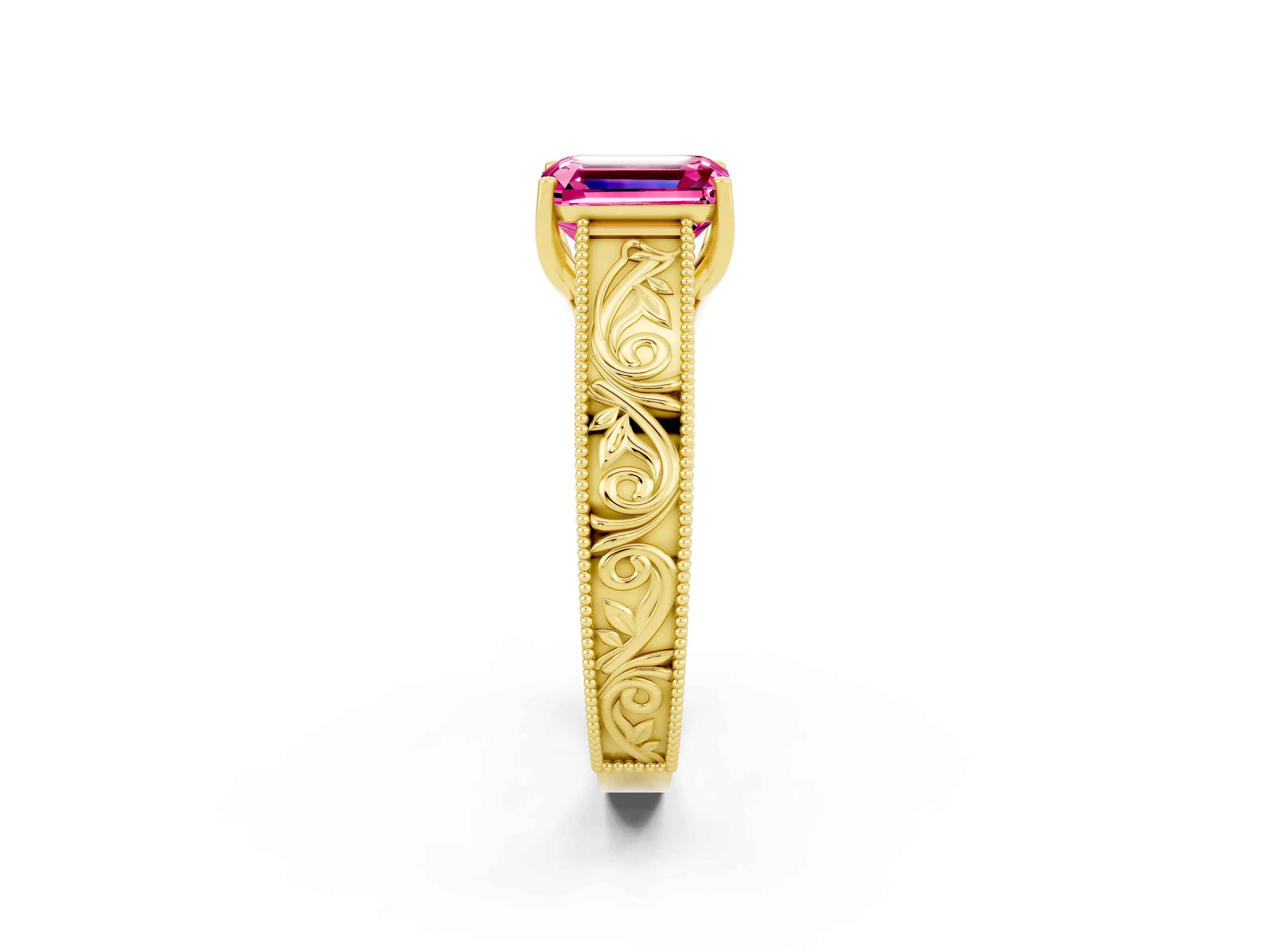 Yellow gold Emerald Cut Pink Sapphire Solitaire Ring with Engraved Band and Four-Prong Setting_2