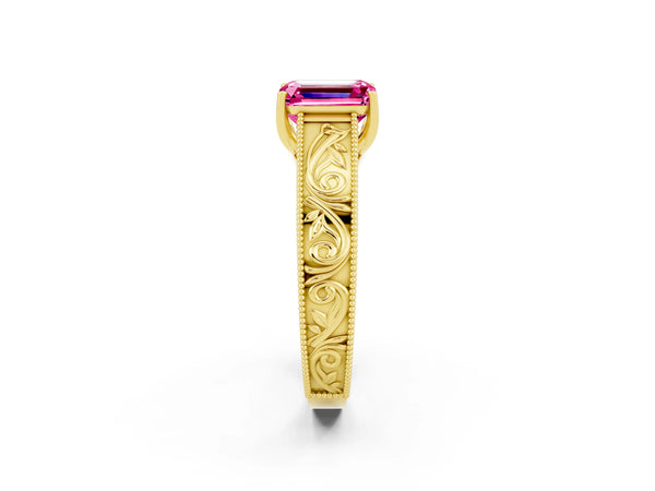 Yellow gold Emerald Cut Pink Sapphire Solitaire Ring with Engraved Band and Four-Prong Setting