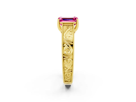Yellow gold Emerald Cut Pink Sapphire Solitaire Ring with Engraved Band and Four-Prong Setting_2