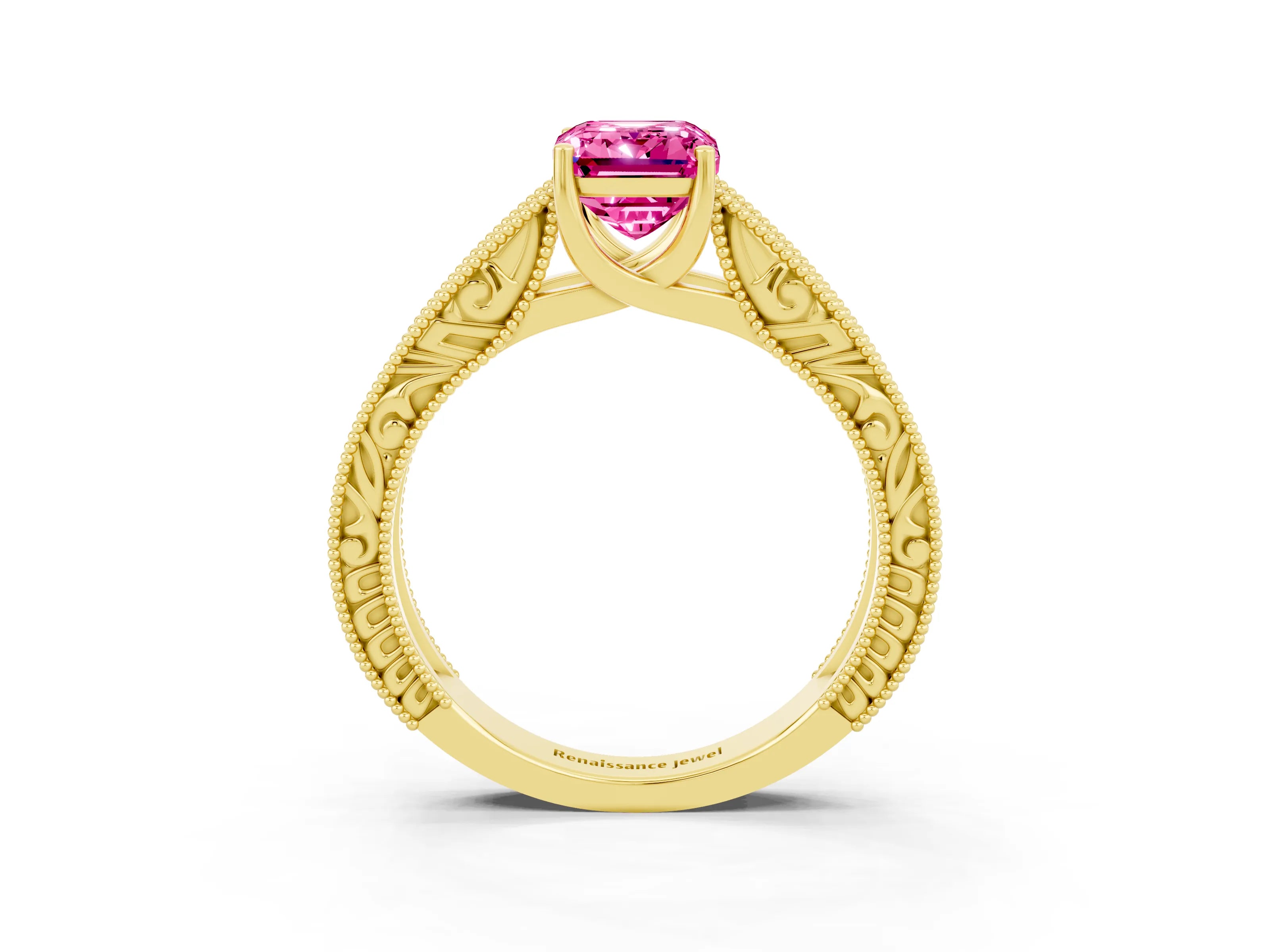 Yellow gold Emerald Cut Pink Sapphire Solitaire Ring with Engraved Band and Four-Prong Setting_3