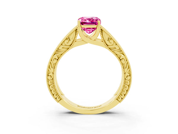 Yellow gold Emerald Cut Pink Sapphire Solitaire Ring with Engraved Band and Four-Prong Setting