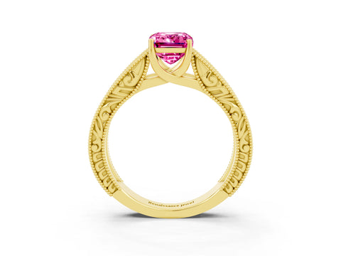Yellow gold Emerald Cut Pink Sapphire Solitaire Ring with Engraved Band and Four-Prong Setting_3