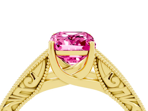 Yellow gold Emerald Cut Pink Sapphire Solitaire Ring with Engraved Band and Four-Prong Setting_4