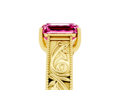 Yellow gold Emerald Cut Pink Sapphire Solitaire Ring with Engraved Band and Four-Prong Setting_5