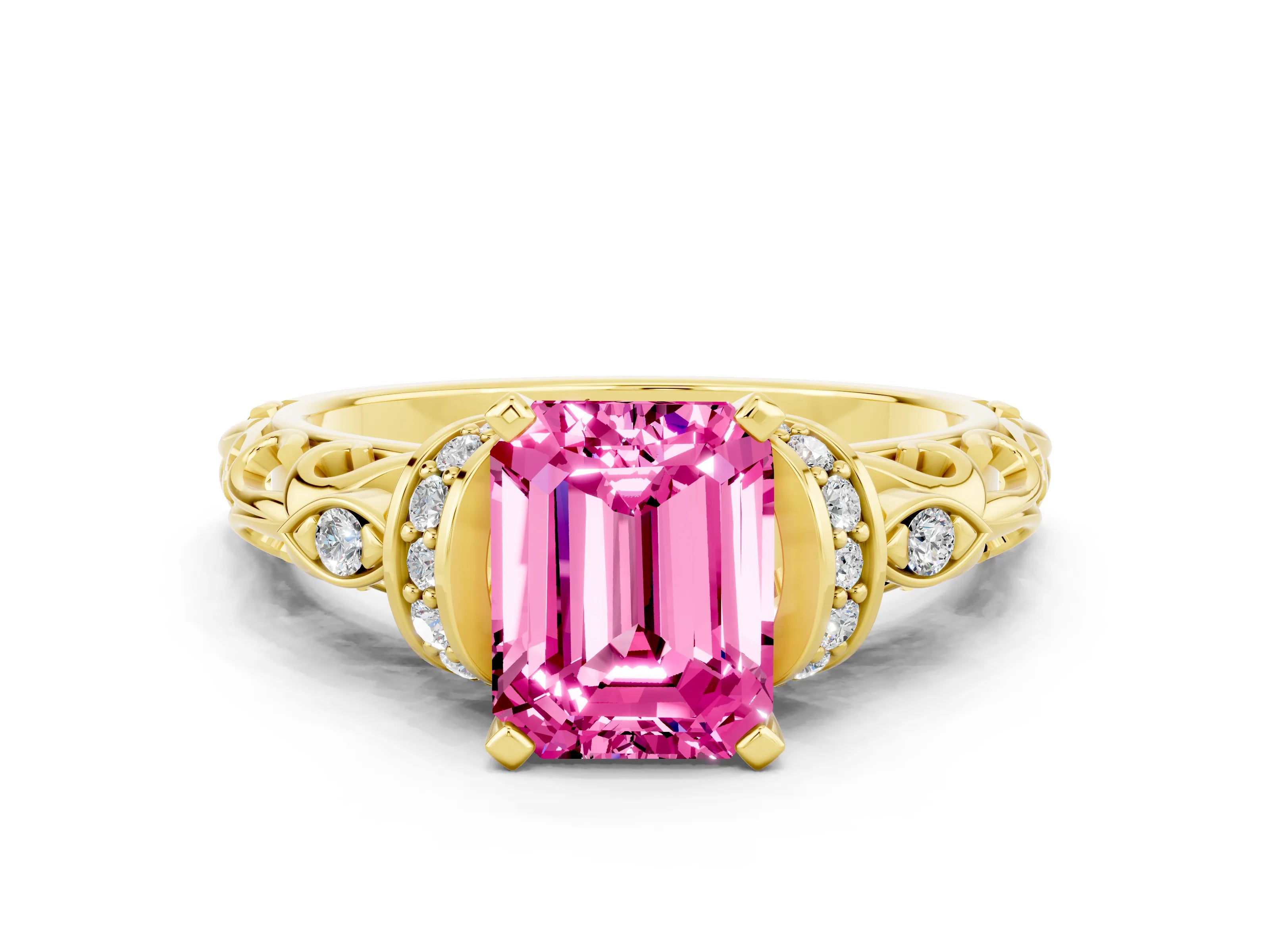 Yellow gold Emerald Cut Pink Sapphire Solitaire Ring with Filigree Band and Four-Prong Setting_48
