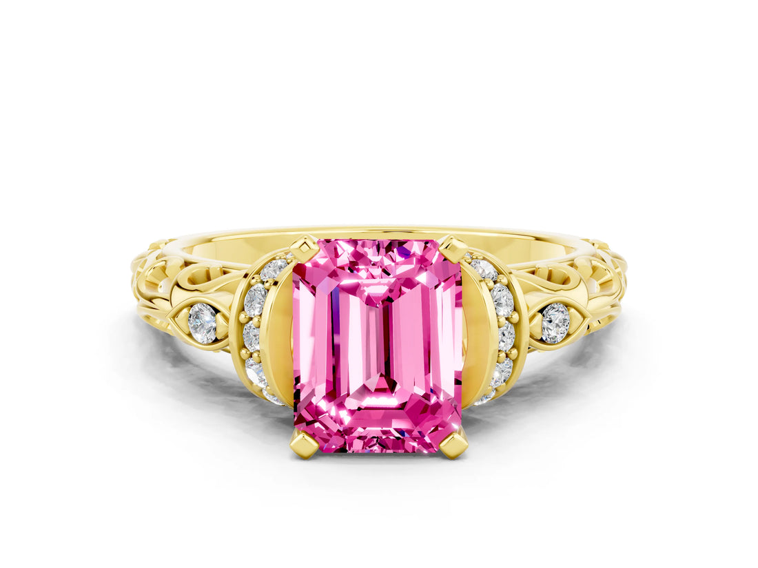 Yellow gold Emerald Cut Pink Sapphire Solitaire Ring with Filigree Band and Four-Prong Setting_48