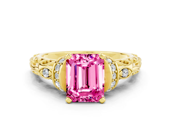 Yellow gold Emerald Cut Pink Sapphire Solitaire Ring with Filigree Band and Four-Prong Setting