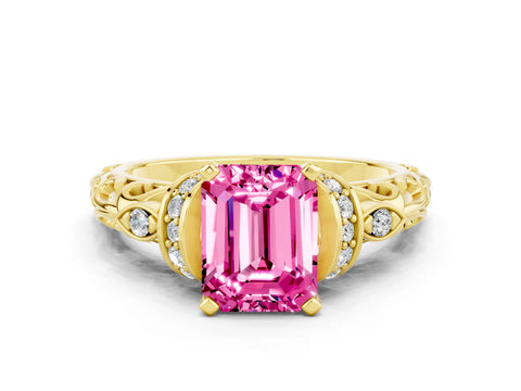 Yellow gold Emerald Cut Pink Sapphire Solitaire Ring with Filigree Band and Four-Prong Setting_48