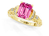 Yellow gold Emerald Cut Pink Sapphire Solitaire Ring with Filigree Band and Four-Prong Setting_49