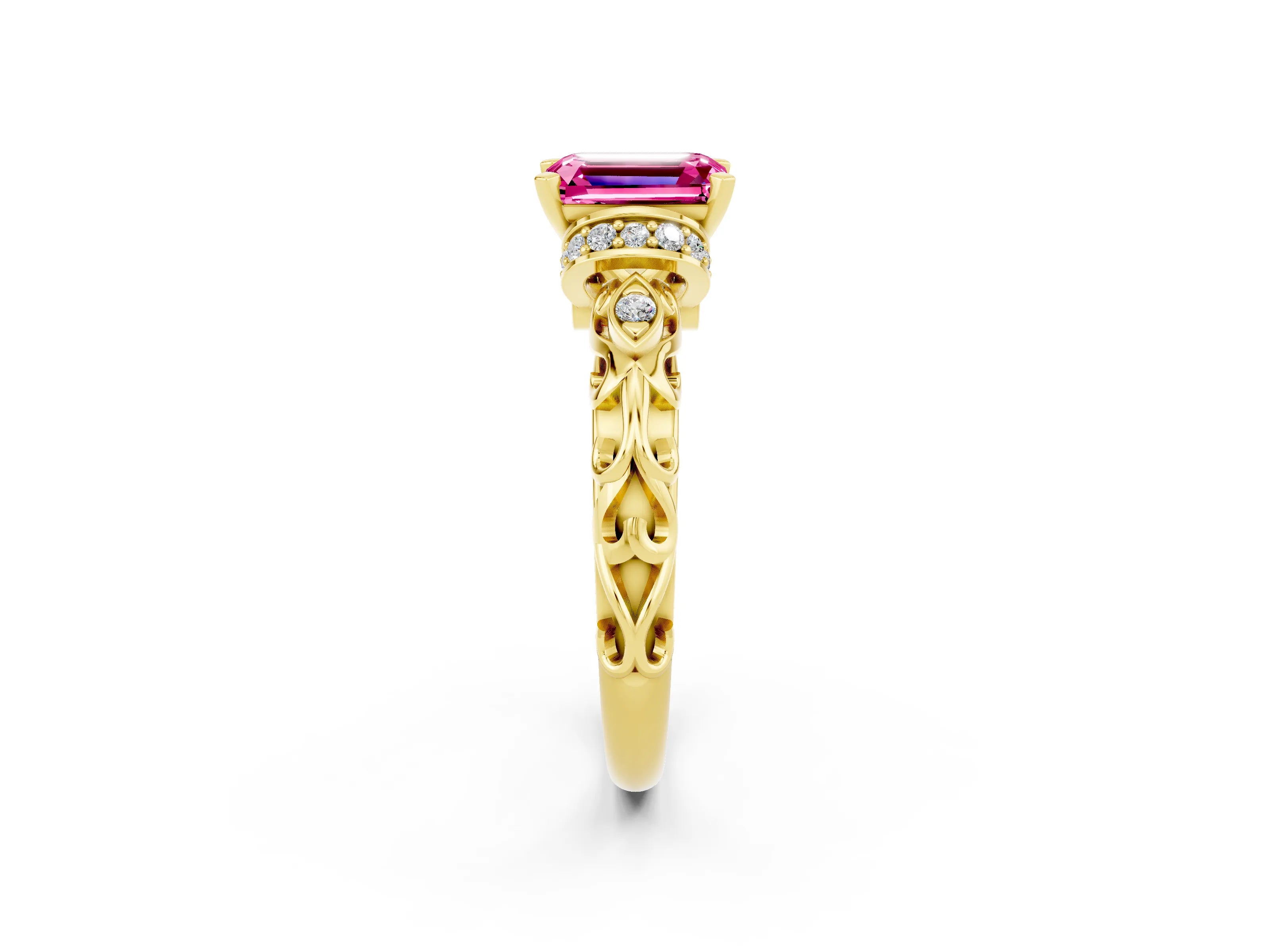 Yellow gold Emerald Cut Pink Sapphire Solitaire Ring with Filigree Band and Four-Prong Setting_50