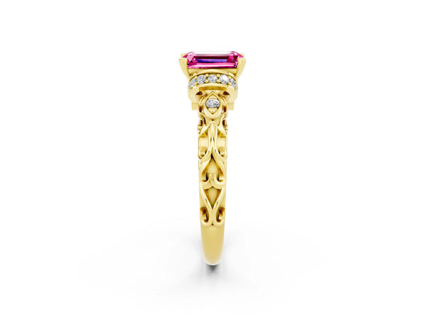 Yellow gold Emerald Cut Pink Sapphire Solitaire Ring with Filigree Band and Four-Prong Setting