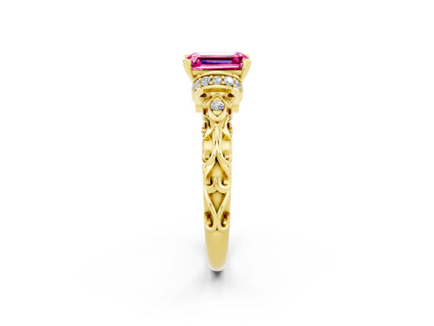 Yellow gold Emerald Cut Pink Sapphire Solitaire Ring with Filigree Band and Four-Prong Setting_50