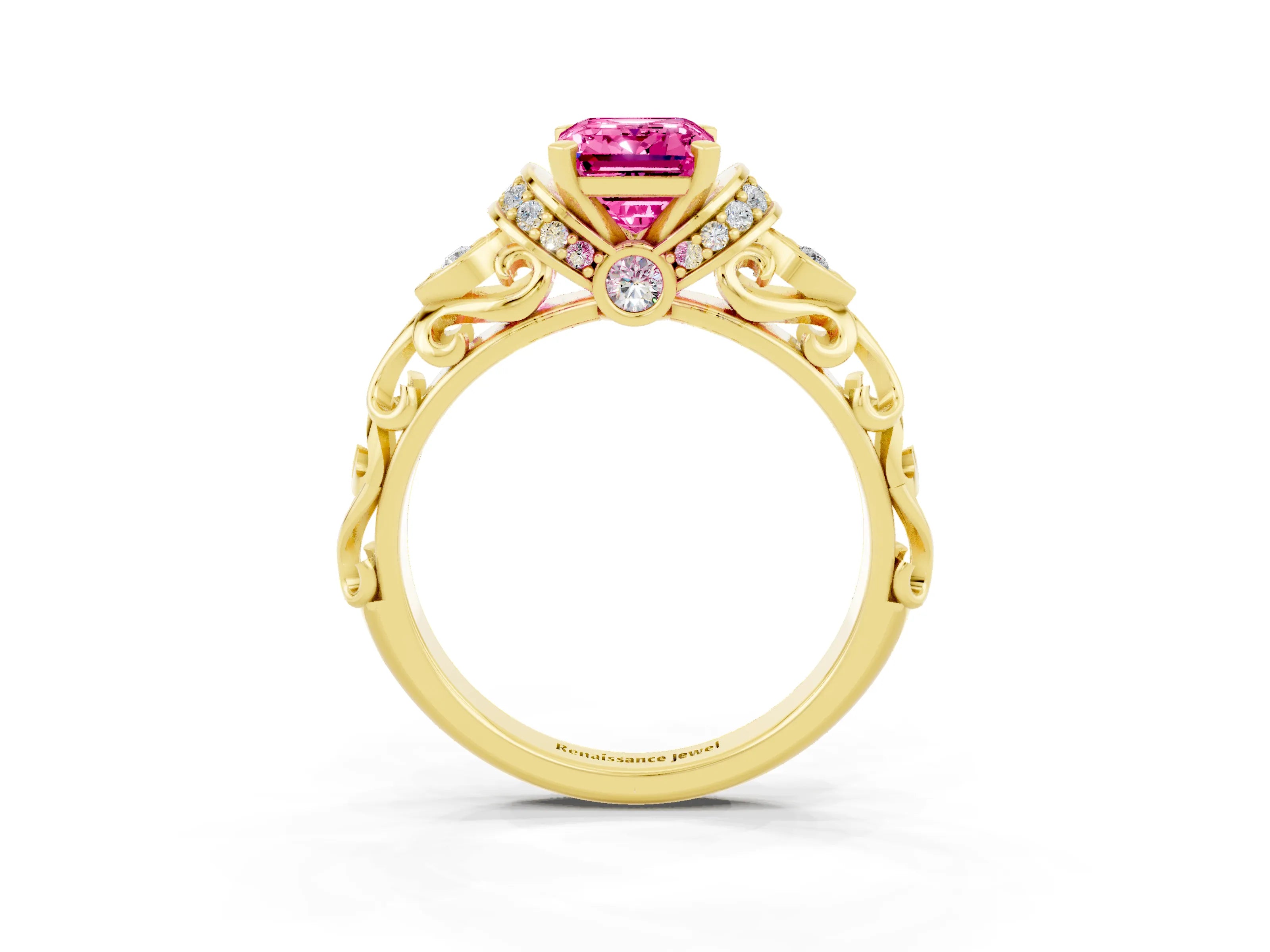Yellow gold Emerald Cut Pink Sapphire Solitaire Ring with Filigree Band and Four-Prong Setting_51