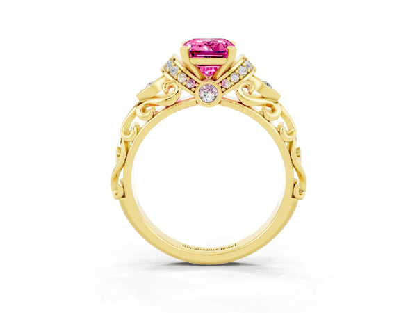 Yellow gold Emerald Cut Pink Sapphire Solitaire Ring with Filigree Band and Four-Prong Setting