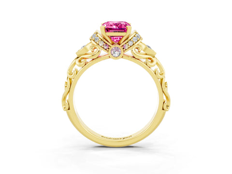 Yellow gold Emerald Cut Pink Sapphire Solitaire Ring with Filigree Band and Four-Prong Setting_51