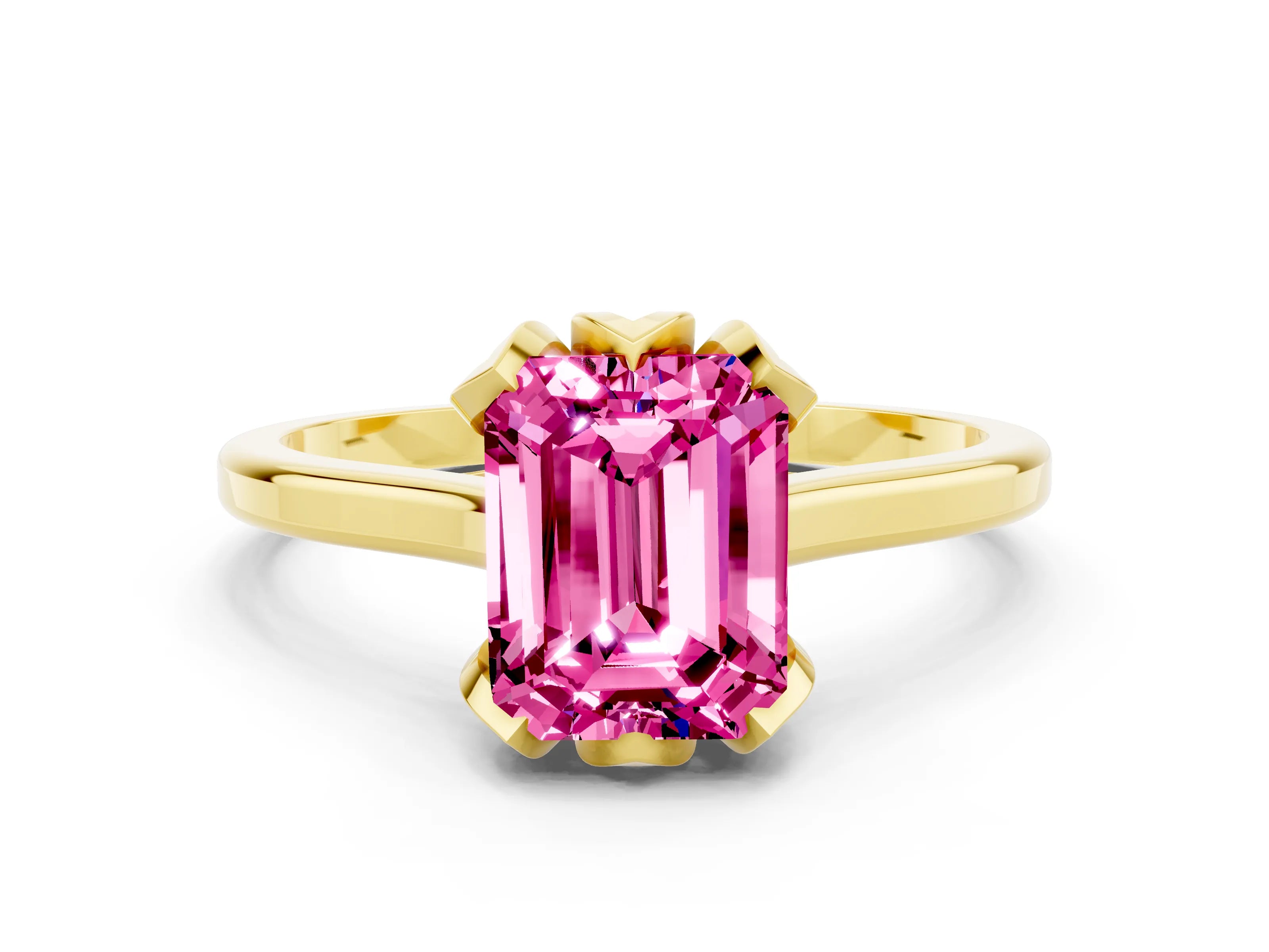 Yellow gold Emerald Cut Pink Sapphire Solitaire Ring with Flower Prong Setting and Classic Band_12