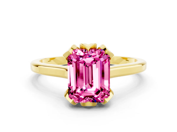 Yellow gold Emerald Cut Pink Sapphire Solitaire Ring with Flower Prong Setting and Classic Band
