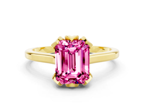 Yellow gold Emerald Cut Pink Sapphire Solitaire Ring with Flower Prong Setting and Classic Band_12