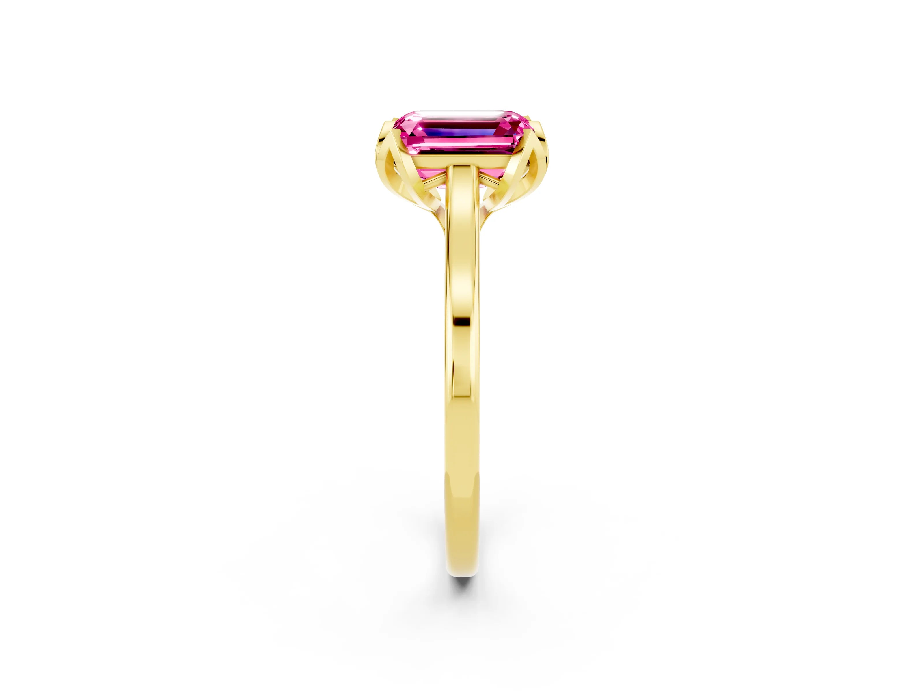 Yellow gold Emerald Cut Pink Sapphire Solitaire Ring with Flower Prong Setting and Classic Band_14