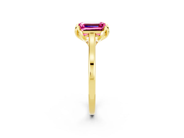 Yellow gold Emerald Cut Pink Sapphire Solitaire Ring with Flower Prong Setting and Classic Band