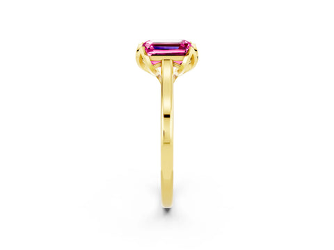 Yellow gold Emerald Cut Pink Sapphire Solitaire Ring with Flower Prong Setting and Classic Band_14