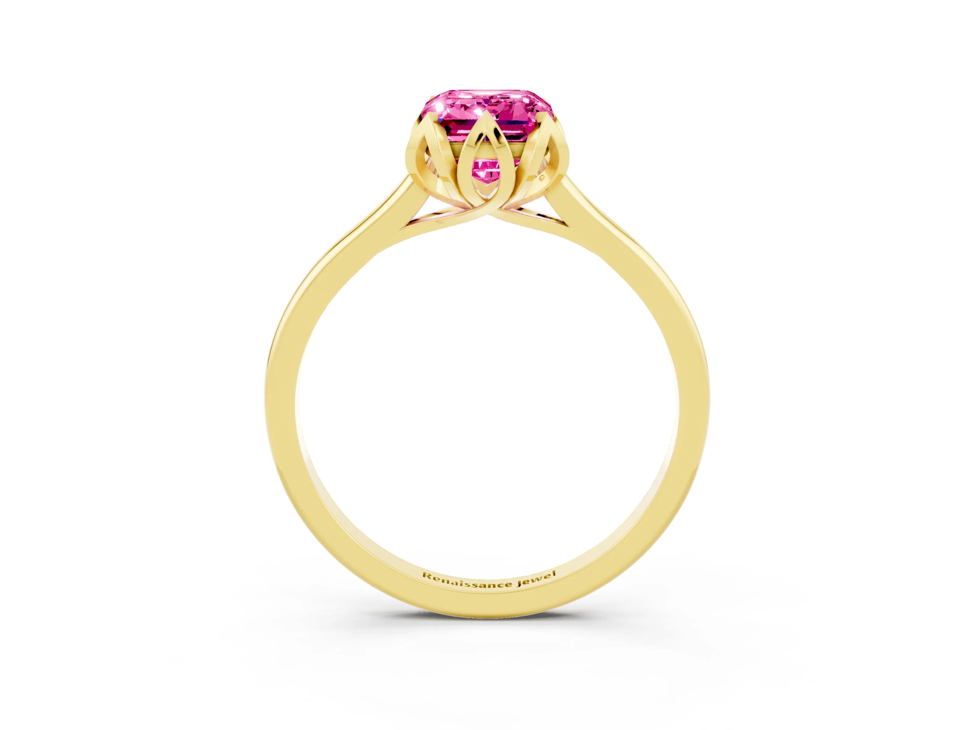 Yellow gold Emerald Cut Pink Sapphire Solitaire Ring with Flower Prong Setting and Classic Band_15