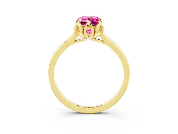 Yellow gold Emerald Cut Pink Sapphire Solitaire Ring with Flower Prong Setting and Classic Band
