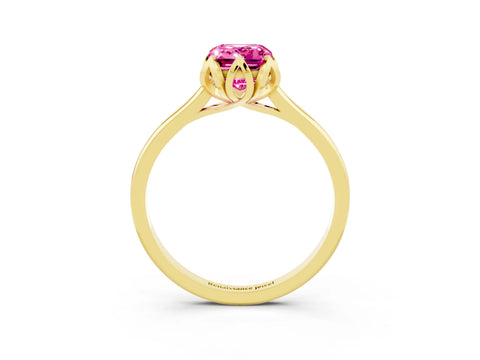 Yellow gold Emerald Cut Pink Sapphire Solitaire Ring with Flower Prong Setting and Classic Band_15
