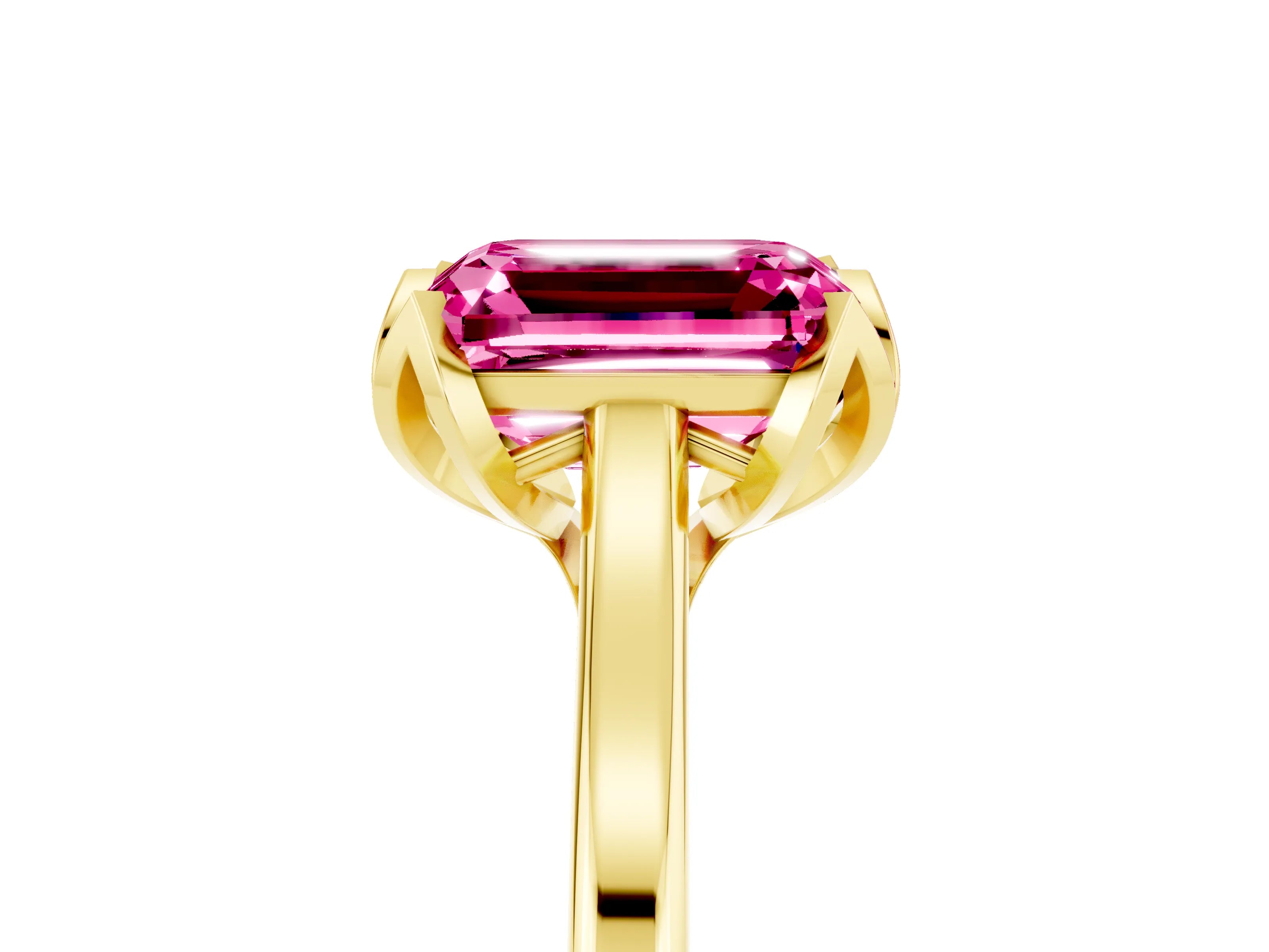 Yellow gold Emerald Cut Pink Sapphire Solitaire Ring with Flower Prong Setting and Classic Band_17