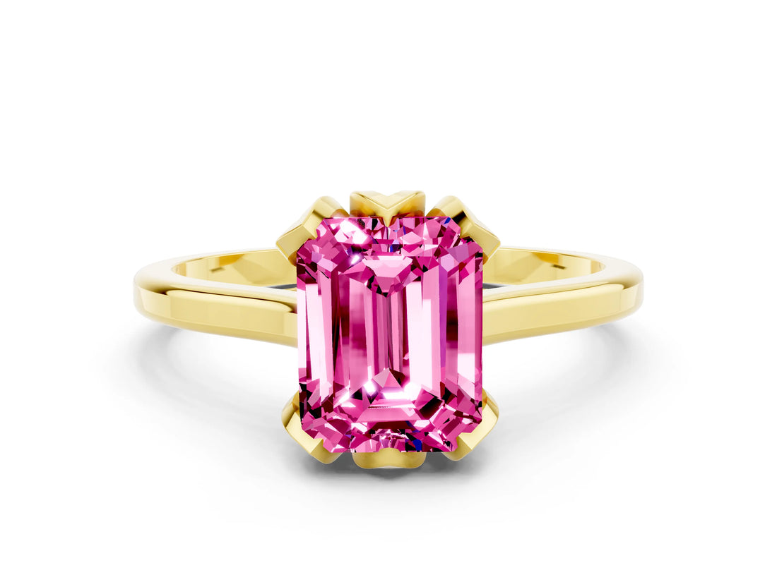 Yellow gold Emerald Cut Pink Sapphire Solitaire Ring with Flower Prong Setting and Classic Band_36