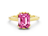 Yellow gold Emerald Cut Pink Sapphire Solitaire Ring with Flower Prong Setting and Classic Band_36