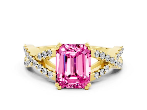 Yellow gold Emerald Cut Pink Sapphire Solitaire Ring with Four-Prong Setting and Twisted Pavé Band