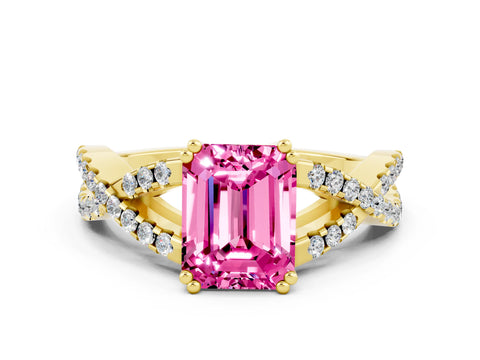Yellow gold Emerald Cut Pink Sapphire Solitaire Ring with Four-Prong Setting and Twisted Pavé Band_12